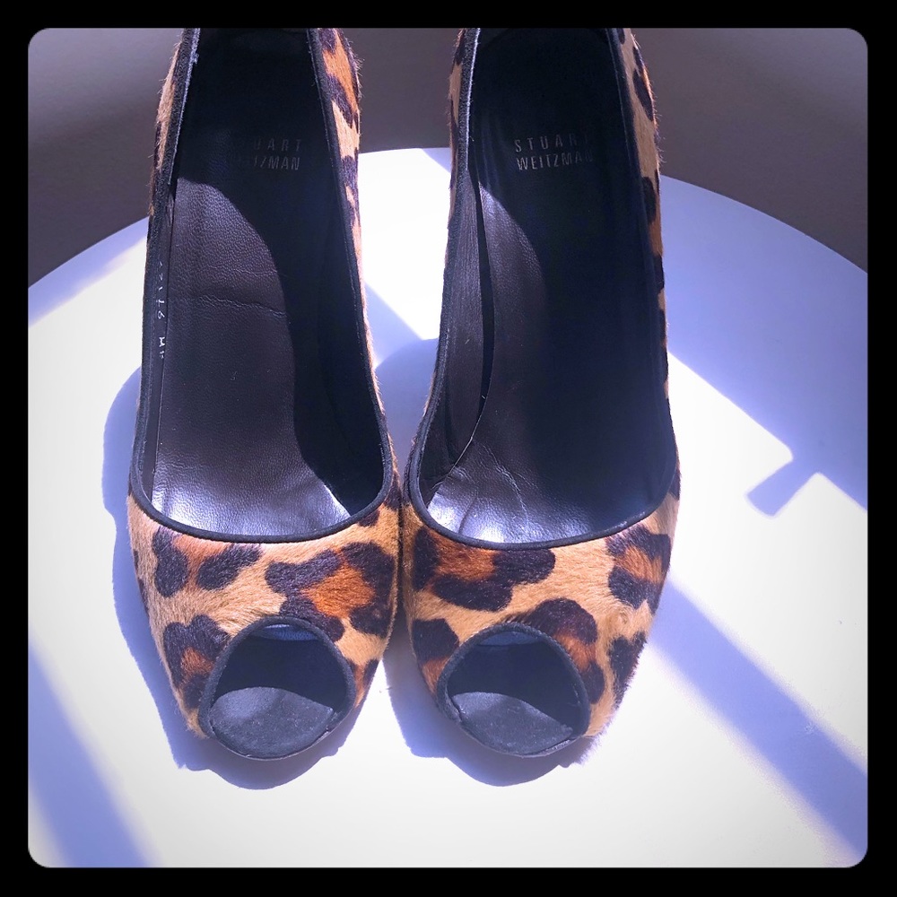 Stuart Weitzman leopard peep toe wedge heels